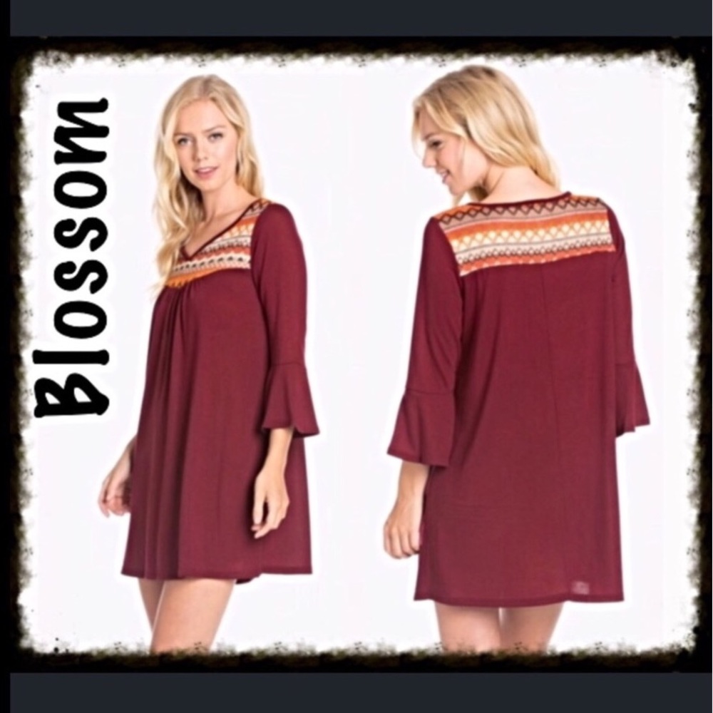 Embroidered Ruffle Sleeve Dress In Burgundy - L - Picture 8 of 9